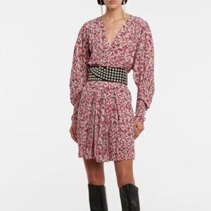 Isabel Marant Etoile Abstract V Neckline Long Sleeve Pink Dress Side Slit SZ 36